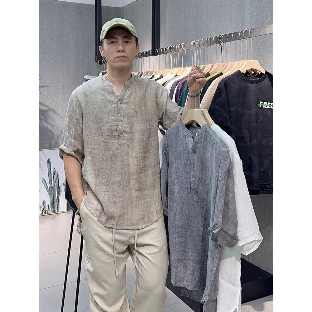 纯亚麻短袖衬衫男士2025年夏季薄款新中式宽松休闲V领五分袖衬衣