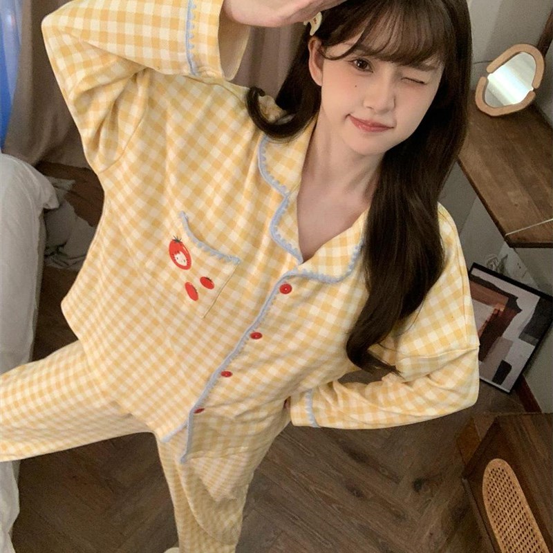 可爱简约风奶黄格子睡衣女春秋款高级感长袖长裤外套可外穿家居服