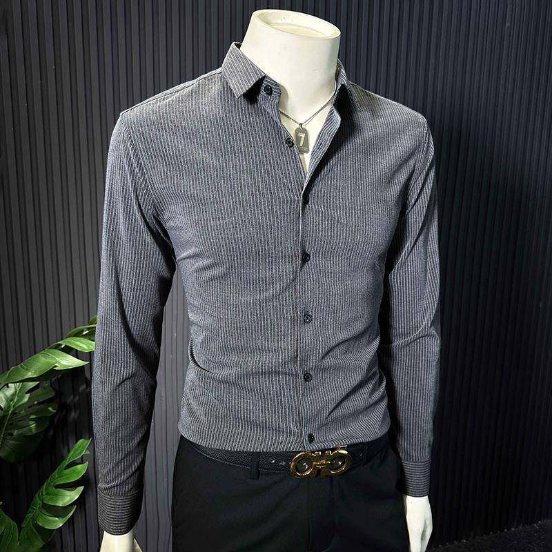 高端轻奢条纹衬衫男款长袖2025新款爆款春秋季痞帅修身商务衬衣