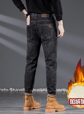 欧货高端黑灰色牛仔裤男秋冬新款修身小脚弹力加绒加厚刺绣印花潮