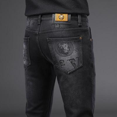 香港黑色九分牛仔裤男秋冬款修身小脚弹力加绒加厚长裤子2024新款