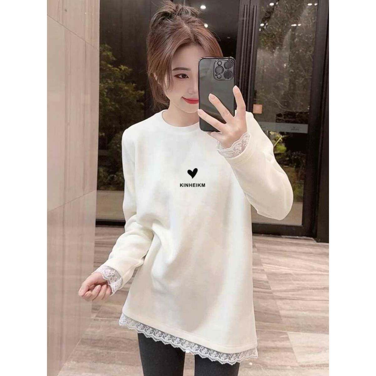 韩国磨毛蕾丝长袖t恤女中长款韩版宽松加厚款白色上衣打底衫春秋