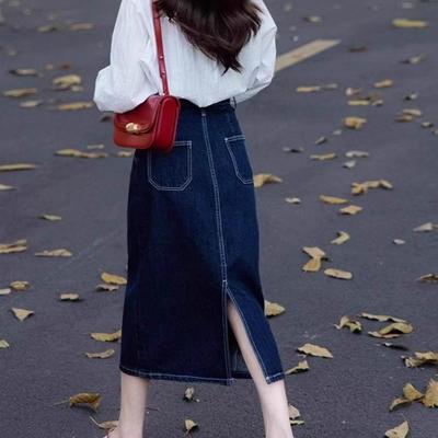 香港TIMO深蓝色牛仔半身裙女大码胖mm高腰显瘦小个子后开叉a字裙