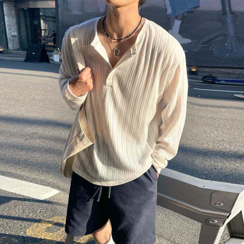 Upscale潮人 极简风高品质亨利衫男士春夏季宽松百搭内搭长袖t恤