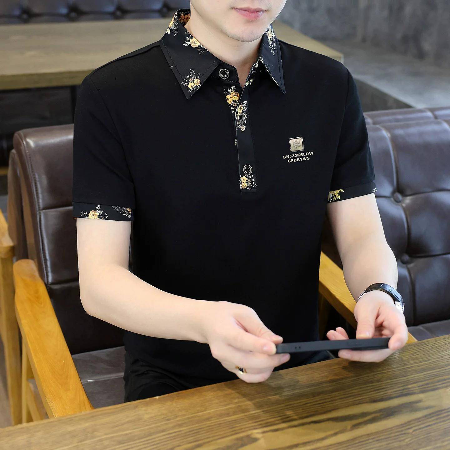 潮牌欧货高端男士短袖POLO衫夏季凉感翻领碎花商务休闲上衣T恤男