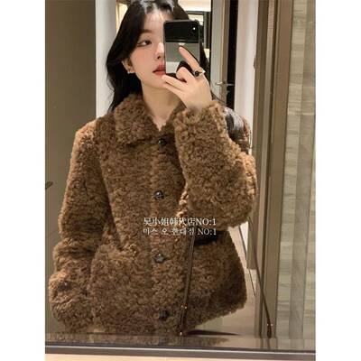 吴小姐韩代翻领羊羔毛短款外套秋冬2023年韩系女小个宽松百搭开衫