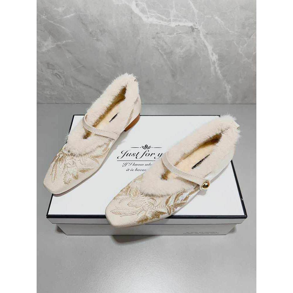 潮牌国风新中式方头粗跟毛毛鞋女秋冬新款大码旗袍鞋刺绣豆豆棉鞋