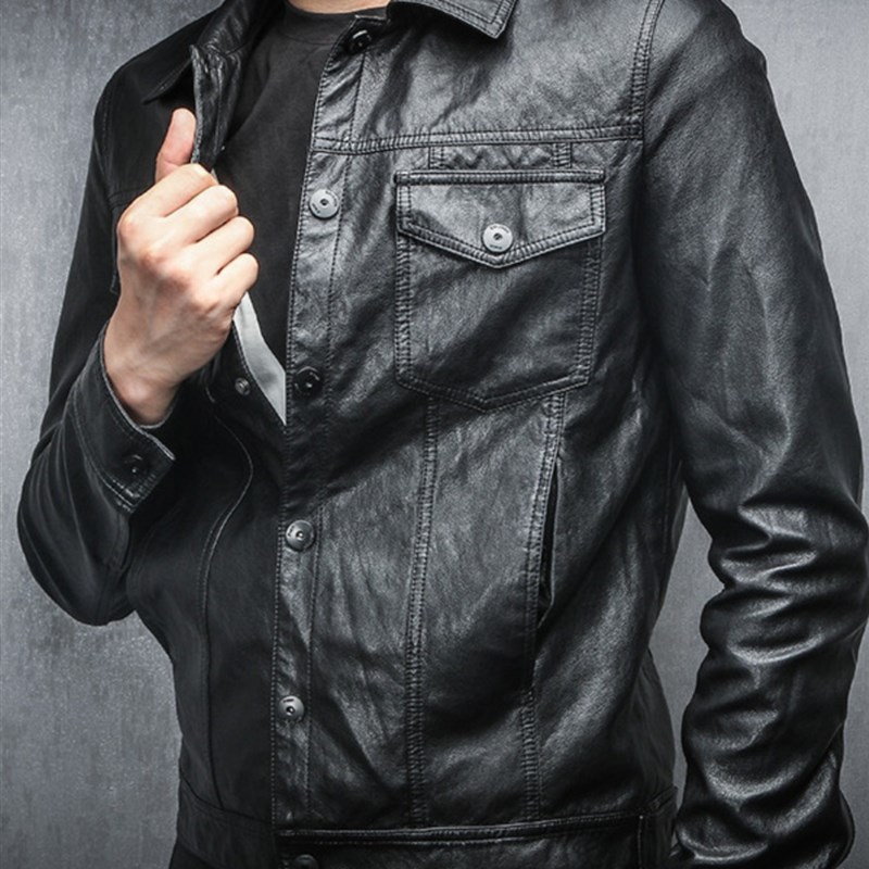 香港秋冬皮夹克新款男士休闲摩托车翻领夹克羊毛衬里飞行员修身夹