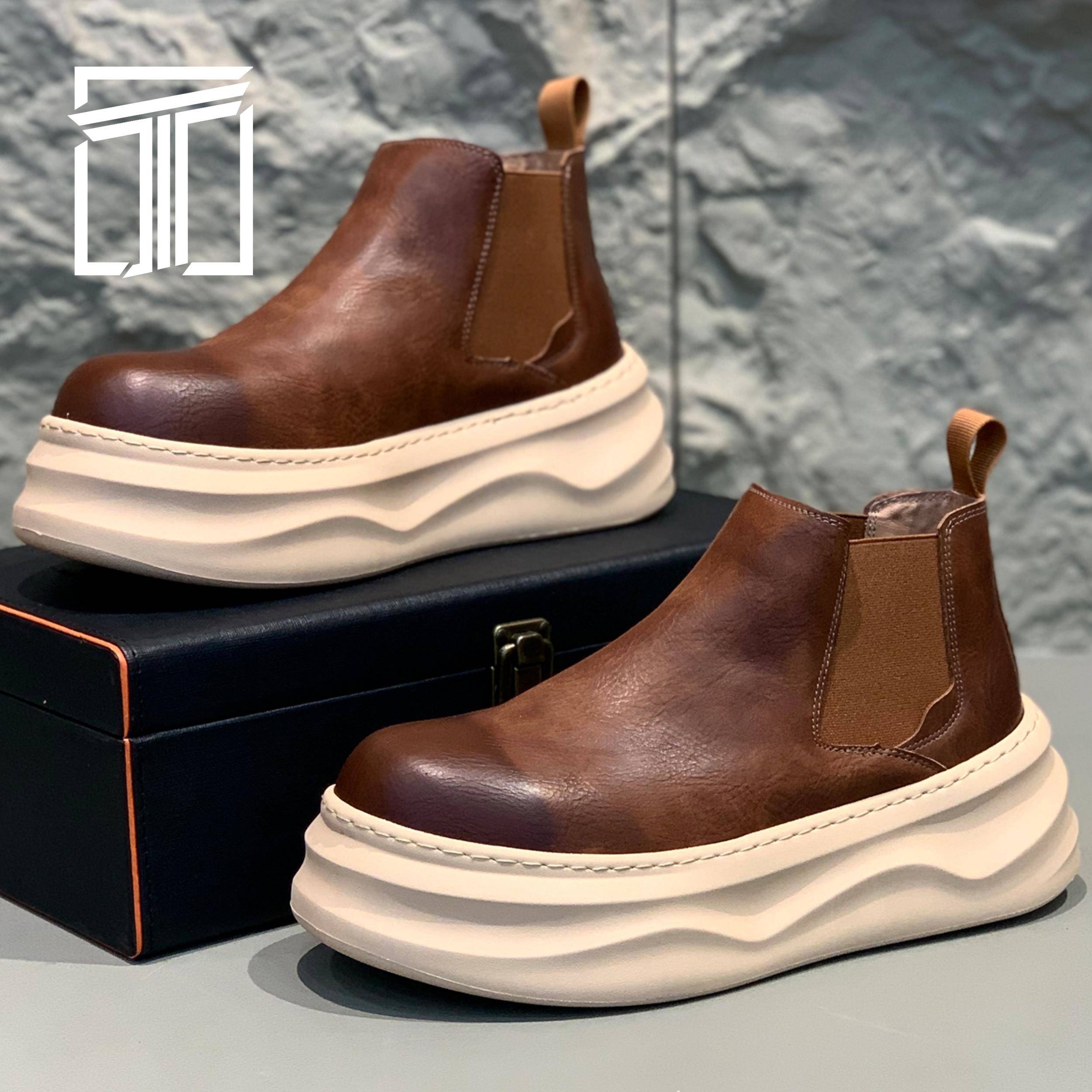 香港ITUN7G冬季新款男鞋一脚蹬加绒保暖靴子厚底增高皮面休闲鞋子