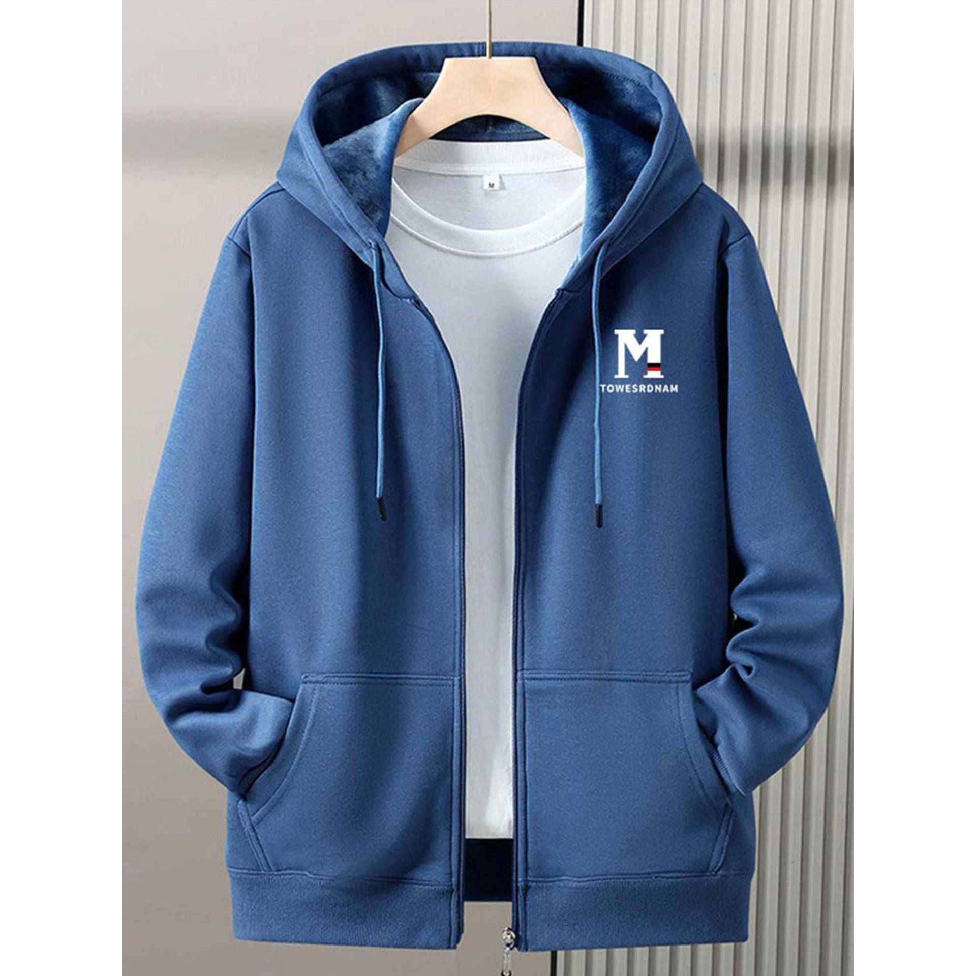 蓝色连帽卫衣外套男春秋2025新款宽松大码加绒加厚运动休闲上衣潮