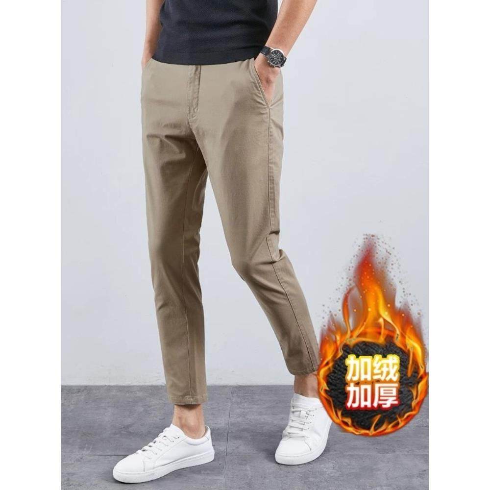 欧洲站纯棉九分裤男冬季新款保暖加绒加厚高端弹力修身小脚休闲裤