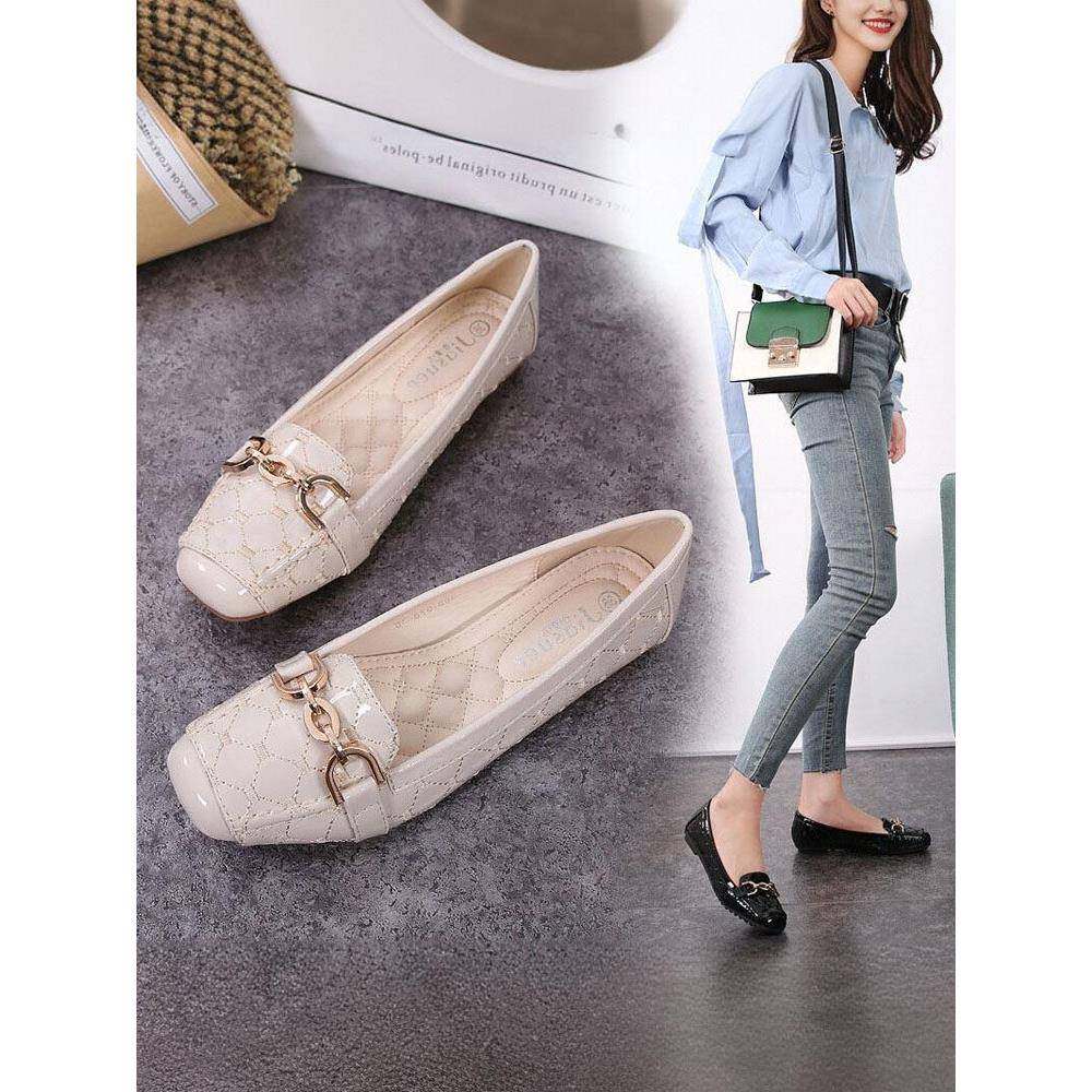 港风轻奢新款~真皮法式单鞋女春秋平底方头浅口软底一脚蹬豆豆鞋,女鞋,浅口单鞋,淘宝优惠券,粉丝福利购,淘宝优惠卷