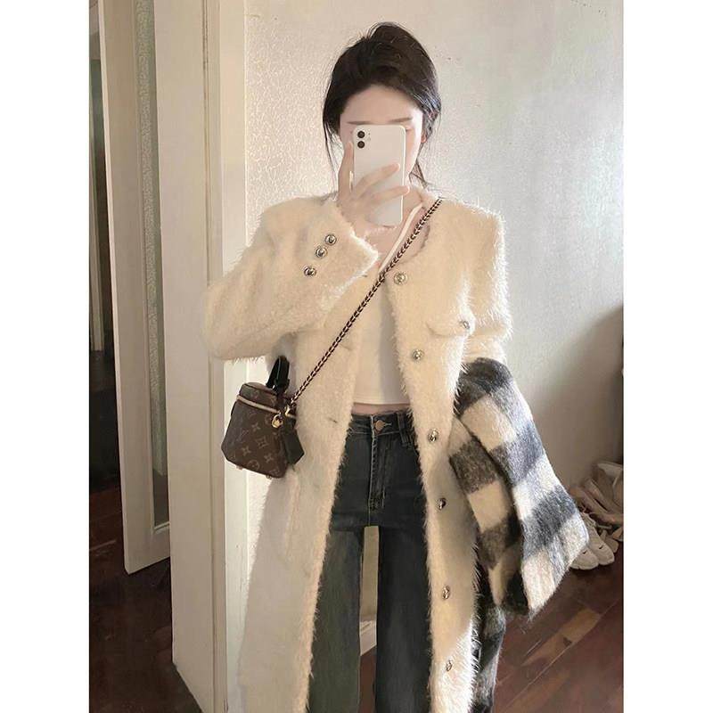 韩国2025冬新款仿羊羔毛小香风白色大衣毛毛皮草中长款西装外套女