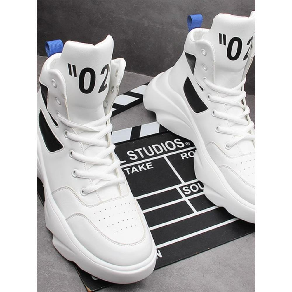 白色高帮鞋男真皮春秋内增高休闲鞋子男潮鞋百搭潮流运动鞋男