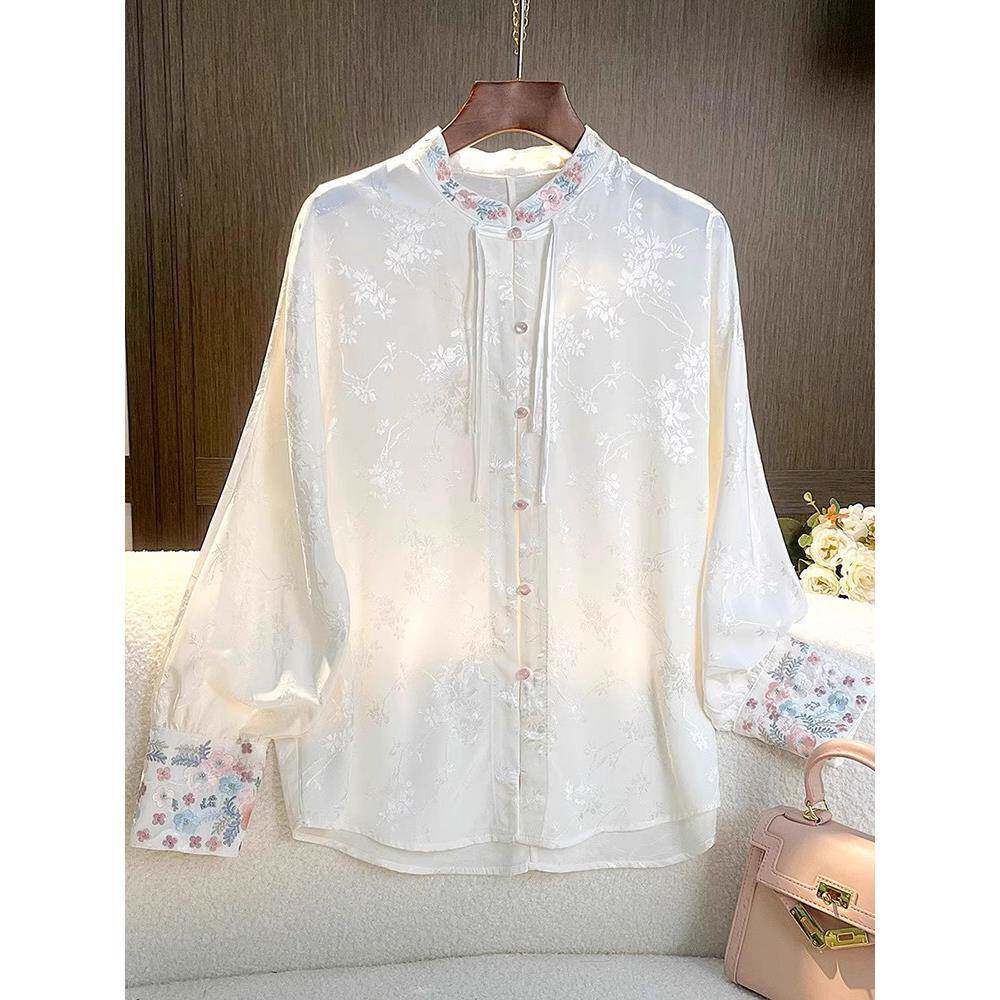 欧洲站新中式白色衬衫女春秋冬季2025年新款高级感覆古绣花上衣潮