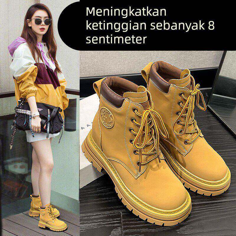 真皮覆古马丁靴女春秋新款厚底舒适大黄靴小个子内增高时尚短靴潮