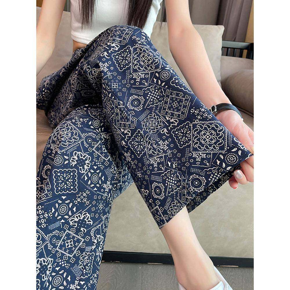 SPYB印花直筒阔腿裤女春秋季新款小个子高腰显瘦九分凉凉沙滩裤子