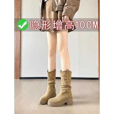 港风轻奢新款~中筒内增高堆堆靴女秋冬粗跟马丁靴尖头西部牛仔靴