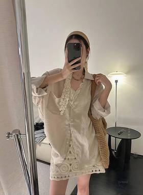 韩国东大门春秋新款覆古法式假两件简约百搭蕾丝拼接长袖衬衫上衣