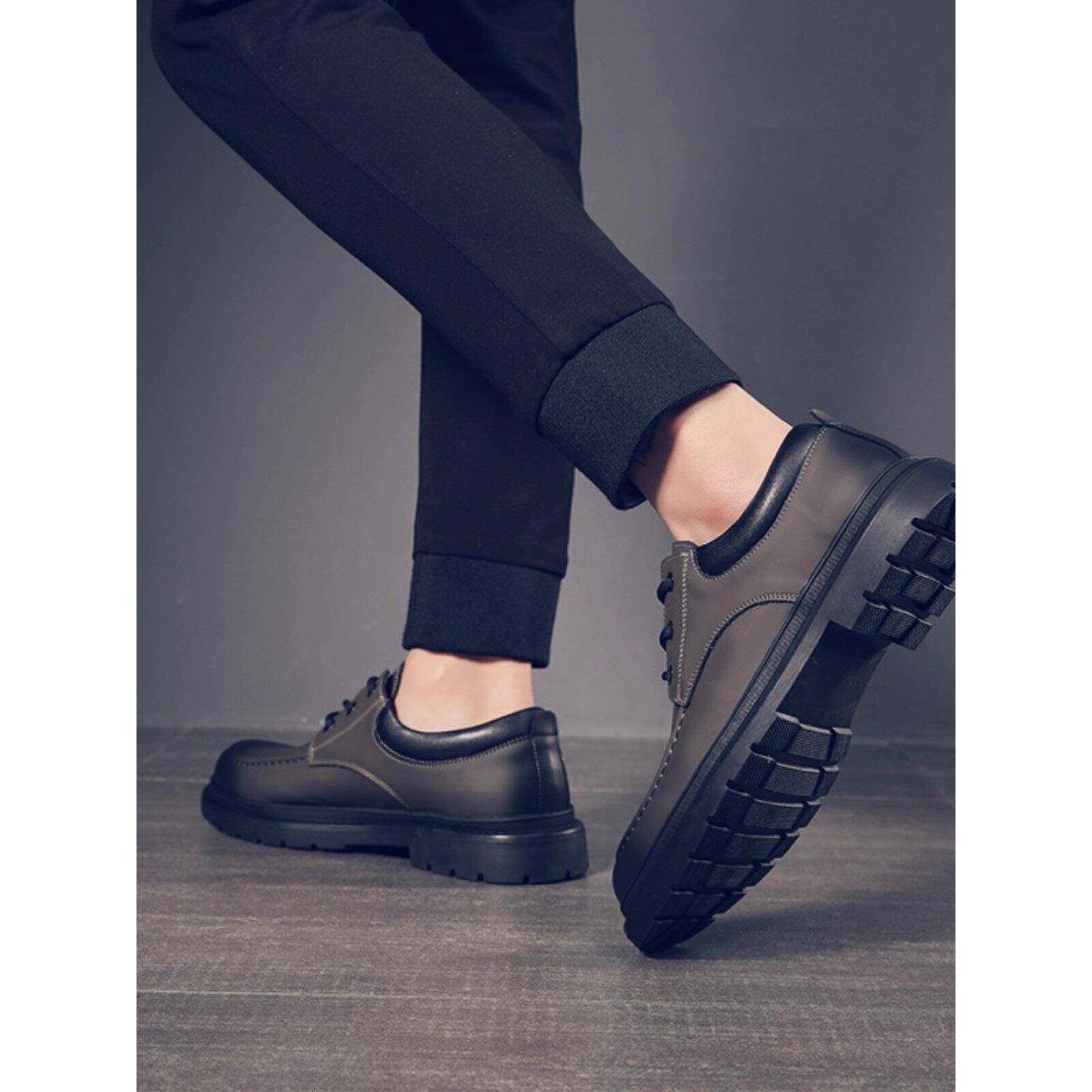 潮牌工装鞋男低帮秋冬新款厚底耐磨马丁靴男墨绿色休闲大头真皮鞋