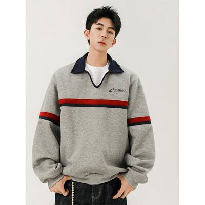 it neith BIAS潮牌美式条纹撞色运动风卫衣男百搭痞帅polo领上衣