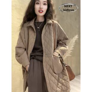 香港春秋冬爆款菱格polo领棉服外套女中长款流行欧货夹棉轻薄棉衣