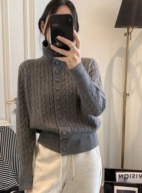 羊毛针织开衫的妇女2025年春季新妇女服装Trbottomy捻单排扣高领