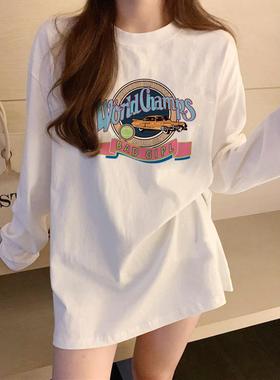 欧洲站白色长袖T恤女2025新款春秋冬季中长款宽松纯棉打底卫衣潮