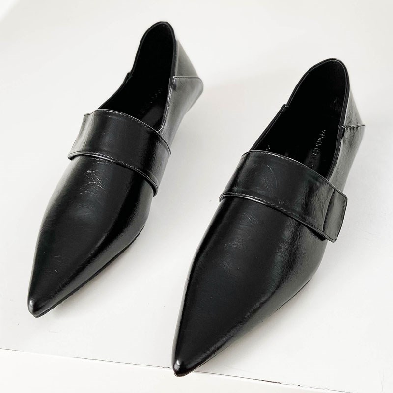 潮牌2025春秋新款包鞋女黑色深口低跟细跟软皮尖头懒人韩版奶奶鞋