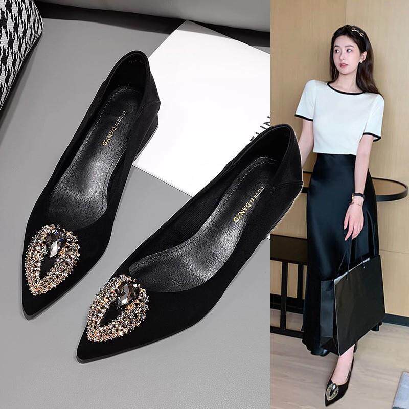 香港晚晚风尖头水钻低跟单鞋女小香风平底黑色绒面浅口软底瓢鞋子