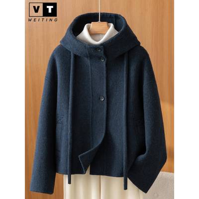 WEI TING双面羊绒短款大衣女2025秋冬季新款宽松斗篷连帽毛呢外套