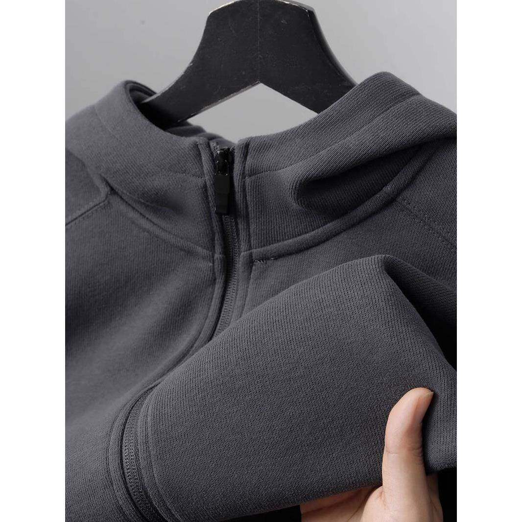 Mostarsea~男士休闲连帽拉炼开衫春秋350g重磅纯色插肩袖卫衣外套