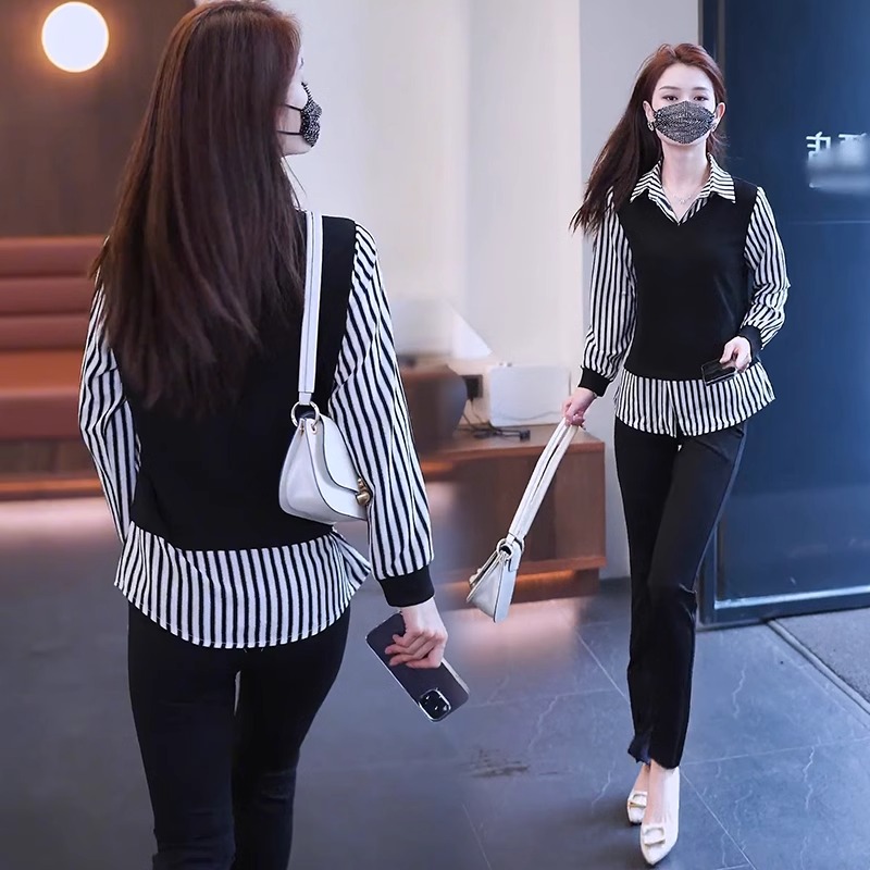 假两件衬衫女装遮肚子条纹上衣2023秋装衬衫设计感洋派打底衫