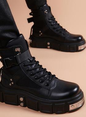 潮流时尚英伦风厚底短靴2025秋冬新款马丁靴男士高帮休闲机车皮靴