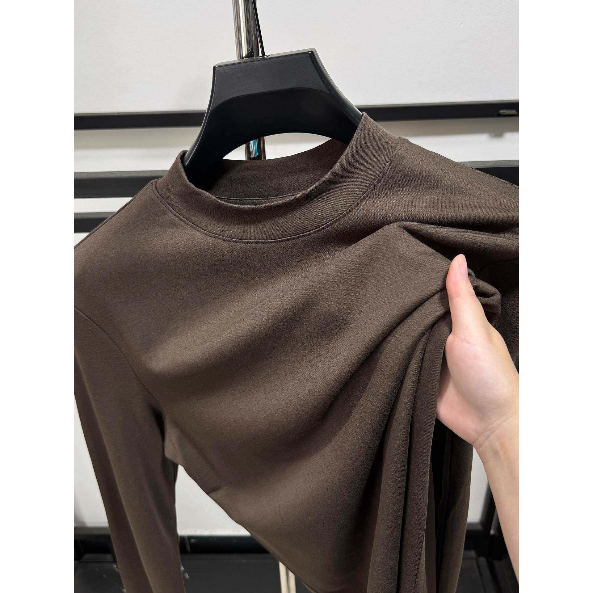 高档丝光棉长袖T恤男2025秋冬纯色半高领打底衫百搭休闲上衣