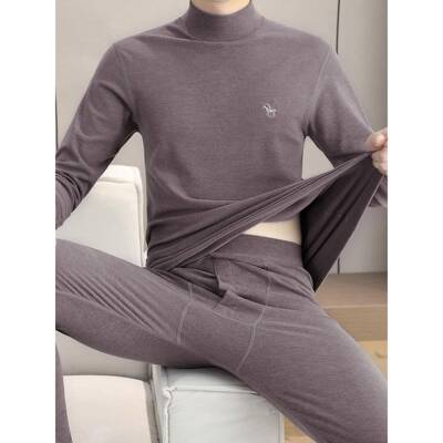 MAROLIO~高档半高领德绒保暖内衣男秋冬加厚加绒打底秋衣秋裤套装