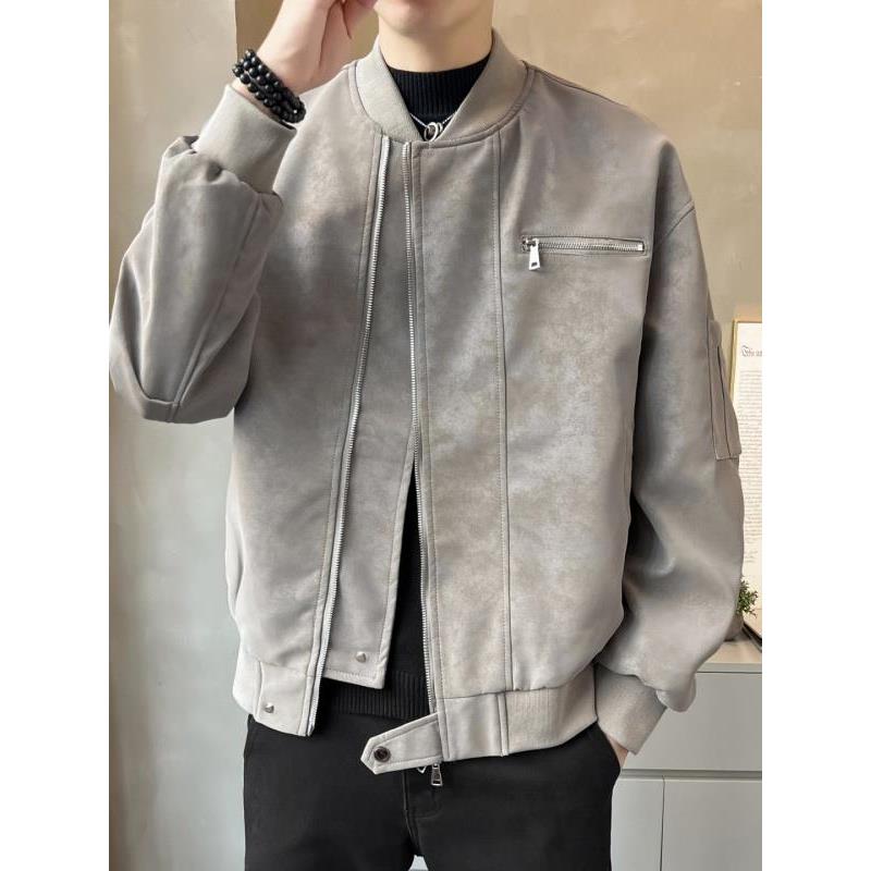 翻毛皮衣外套男士2025春秋季新款潮牌痞帅休闲开衫立领夹克男上衣