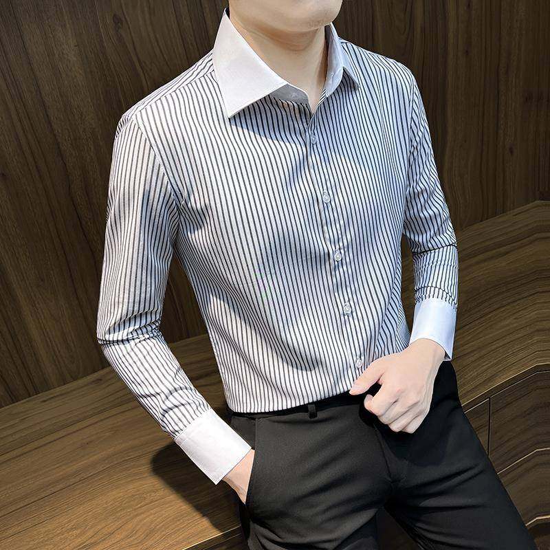 高端轻奢大翻领竖条纹男士衬衫长袖商务休闲制服帅气衬衣