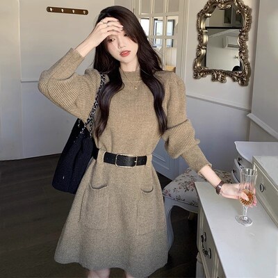 FAshi 2024年新款温柔奶系穿搭减龄连衣裙女洋气内搭针织裙子秋冬