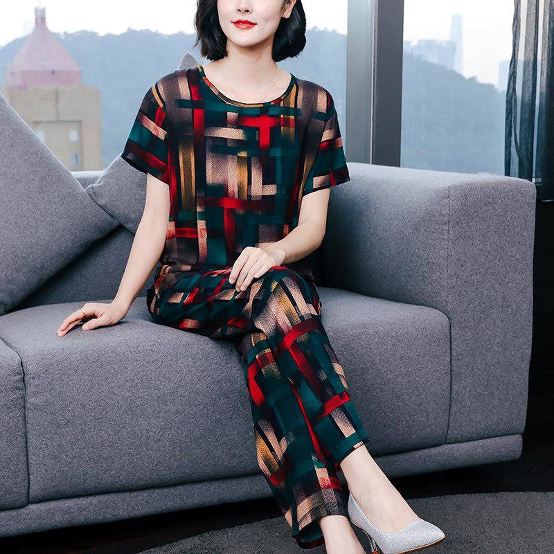 妈妈棉绸睡衣女套装时尚可外穿夏季透气大尺码休闲人造棉短袖两件