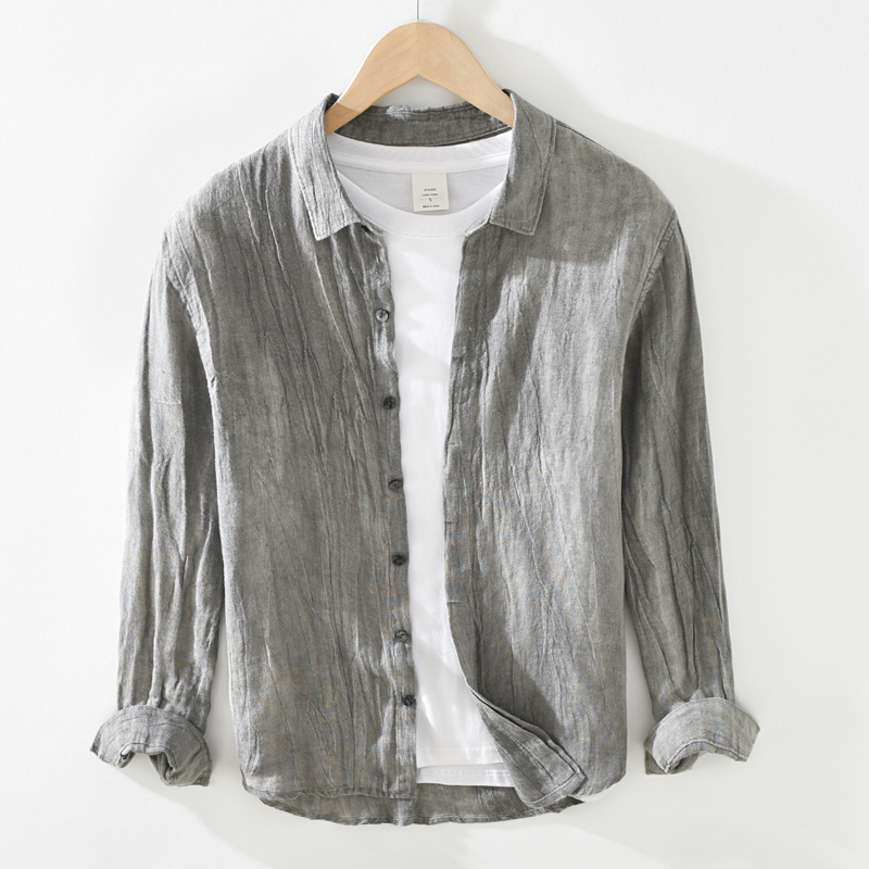 香港春夏纯亚麻长袖衬衫男棉麻布上衣服水洗做旧薄款休闲衬衣外套
