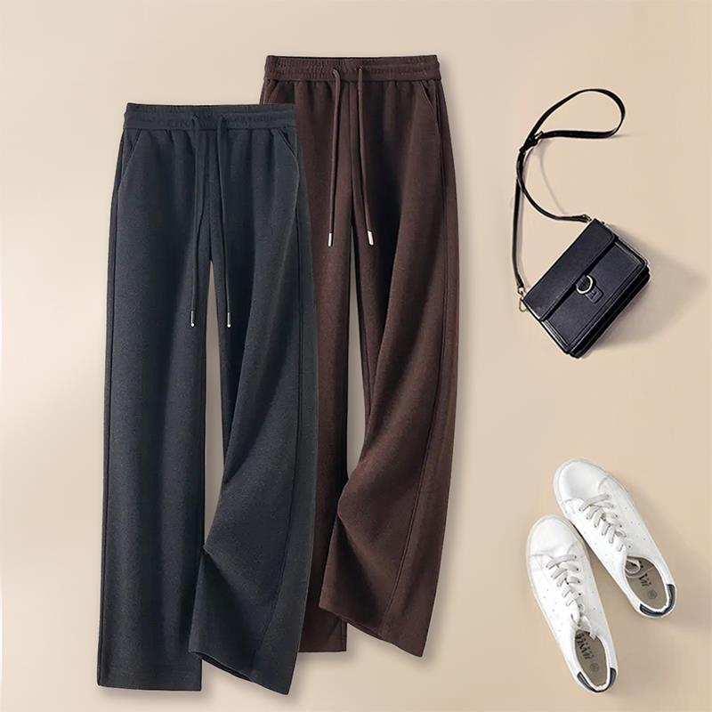 高端休闲运动裤女2025春秋新款羊毛呢加绒阔腿裤高腰直筒裤长裤子