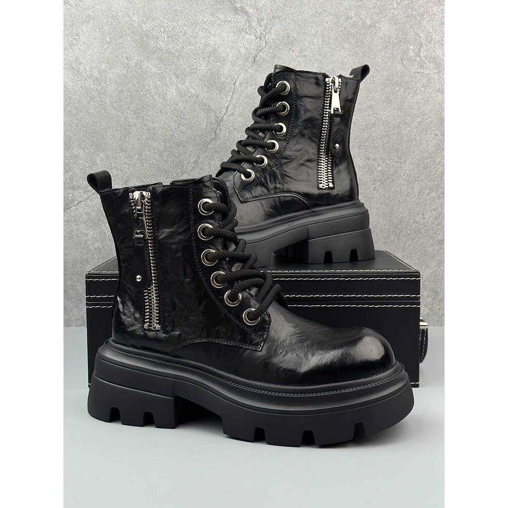 潮牌马丁靴男秋冬新款英伦风黑色机车短靴子厚底防滑耐磨高帮皮鞋