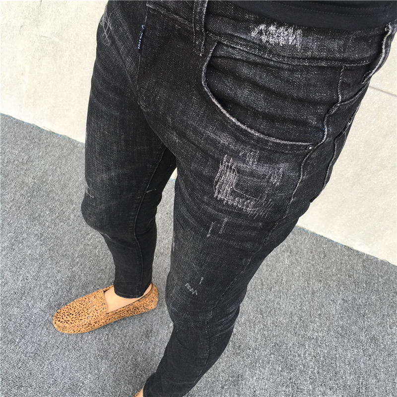 春季潮牌红人同款修身九分牛仔裤男百搭休闲潮流紧身黑色小脚裤子