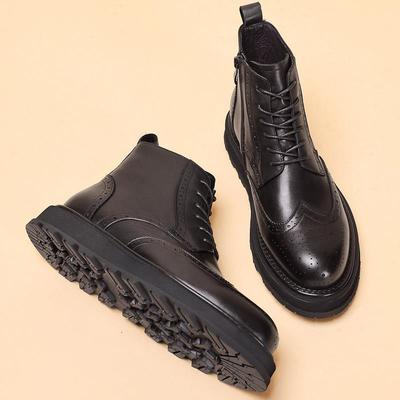 加绒保暖布洛克厚底短靴英伦风真皮复古高帮休闲皮鞋冬季马丁靴男