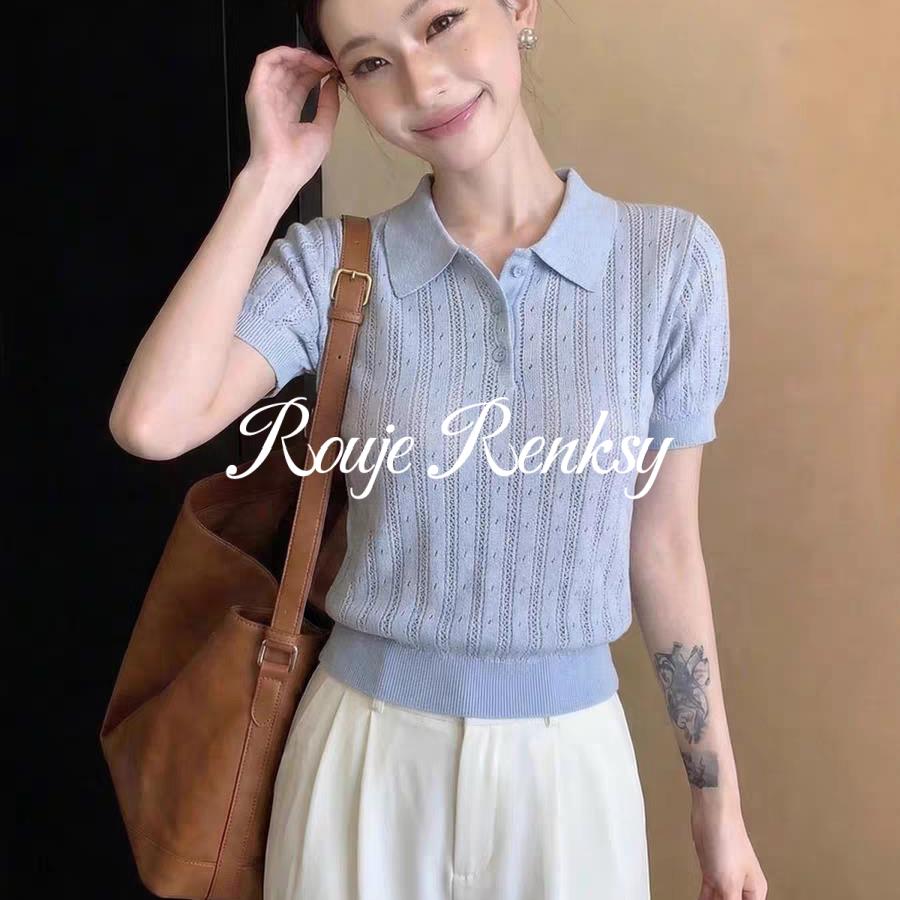 法国Rouje Renksy法式翻领镂空针织短袖女夏减龄蓝色休闲显瘦上衣