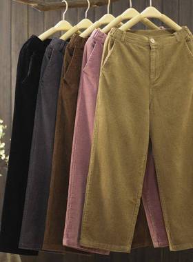 韩国春秋新款灯芯绒阔腿直筒裤女卡其色宽松休闲条绒垂感哈伦裤潮