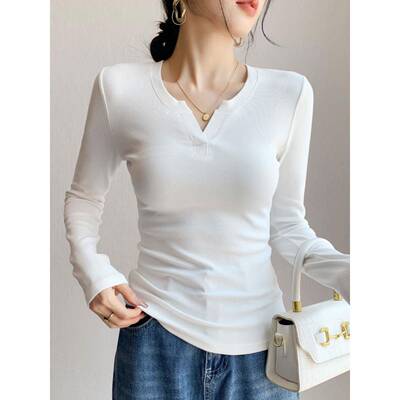 韩国打底衫女内搭2025新款秋冬V领长袖正肩t恤修身小众设计感上衣