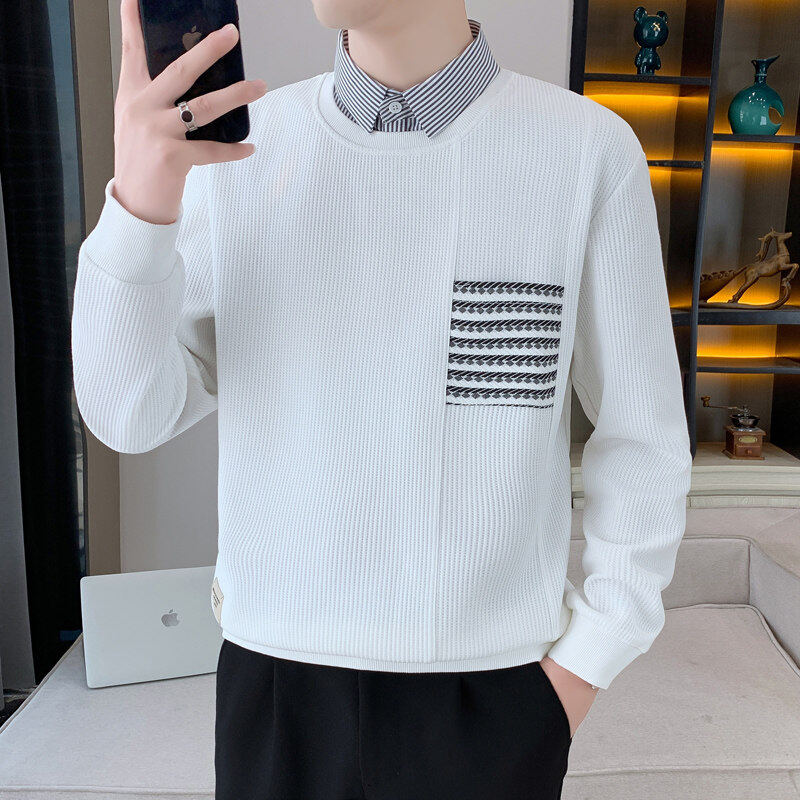 高端品牌假两件男士卫衣2025新款春秋韩版潮牌衬衫领休闲长袖卫衣