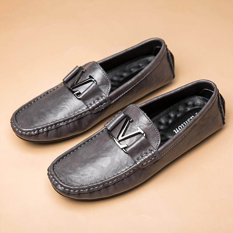 韩国时尚品牌新优雅的豆豆鞋男士真皮软底休闲皮鞋，拖鞋慵懒透气